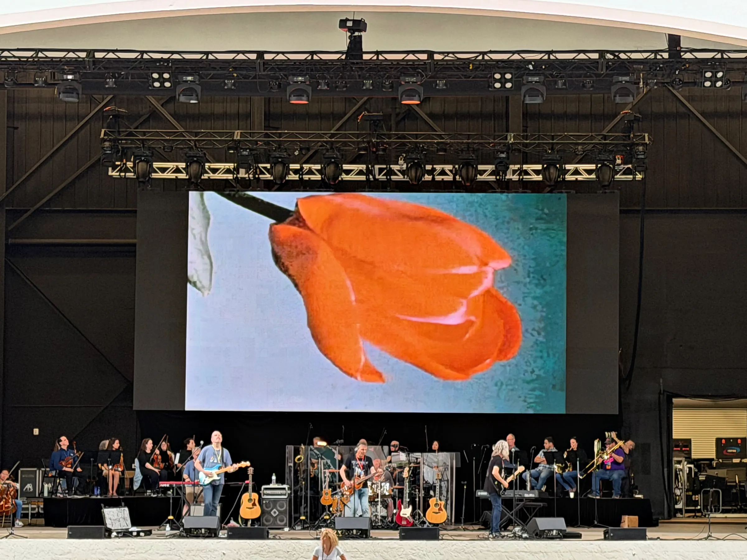 A wide video wall filling the back of a covered stage and carrying one large photographic image, a band playing in a line across the stage below it, and rows of empty seats running away in the foreground.